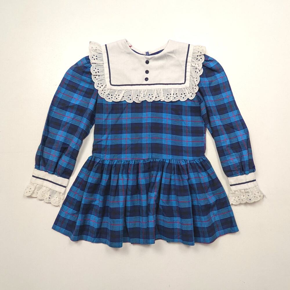 Vintage Pert N Sassy Dress Girls Size 3T Blue Plaid Square Lace Bib Drop Waist